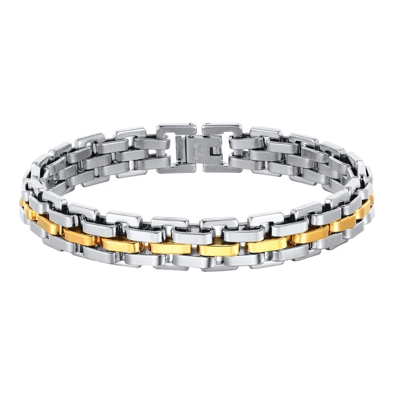 Silver and gold two-tone stainless steel watch-link bracelet