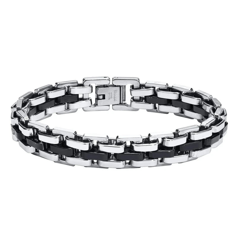 Silver and black two-tone stainless steel watch-link bracelet