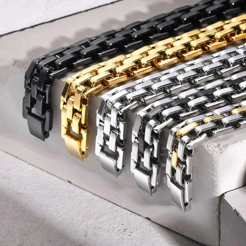 Stainless steel watch-link bracelets in silver, gold, black, and two-tone finishes