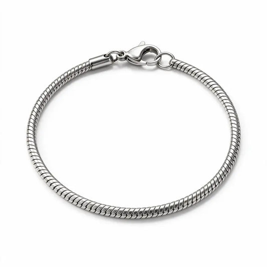 Silver stainless steel slim snake link bracelet product photo on white background