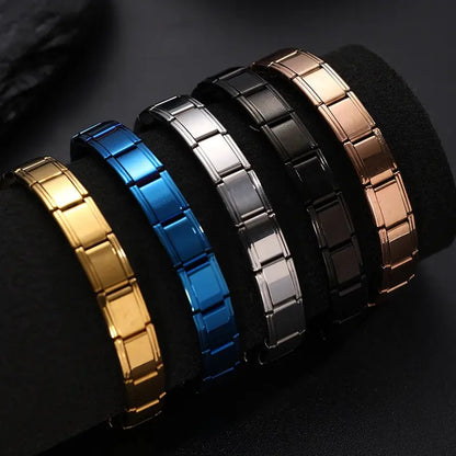 Stainless steel Italian modular link bracelets in gold, silver, black, rose gold, and blue
