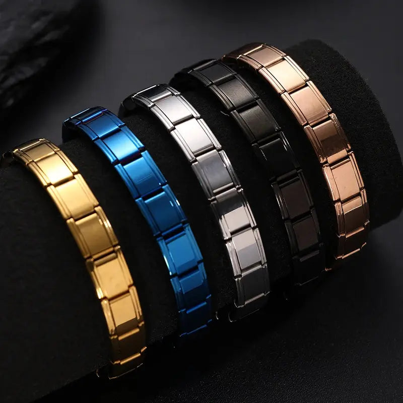 Stainless steel Italian modular link bracelets in gold, silver, black, rose gold, and blue