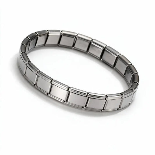 Silver stainless steel Italian modular link bracelet product photo on white background