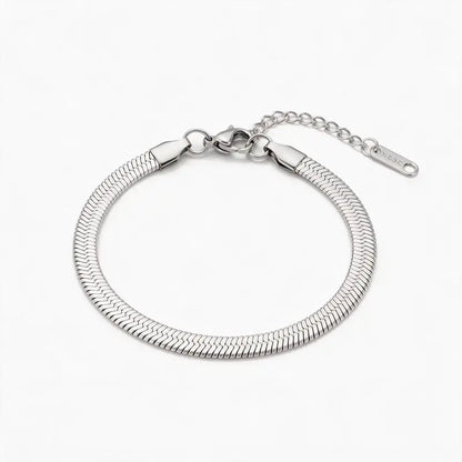 Silver stainless steel herringbone snake chain bracelet product photo on white background