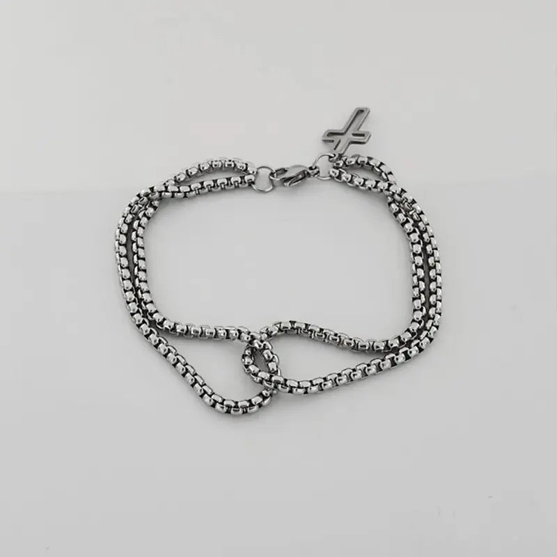 Stainless steel double chain bracelet with hollow cross charm and lobster clasp