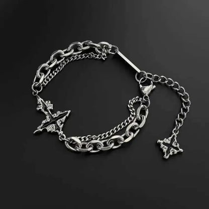 Dark stainless steel bracelet with gothic cross charm and double chain