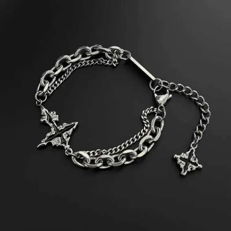 Dark stainless steel bracelet with gothic cross charm and double chain