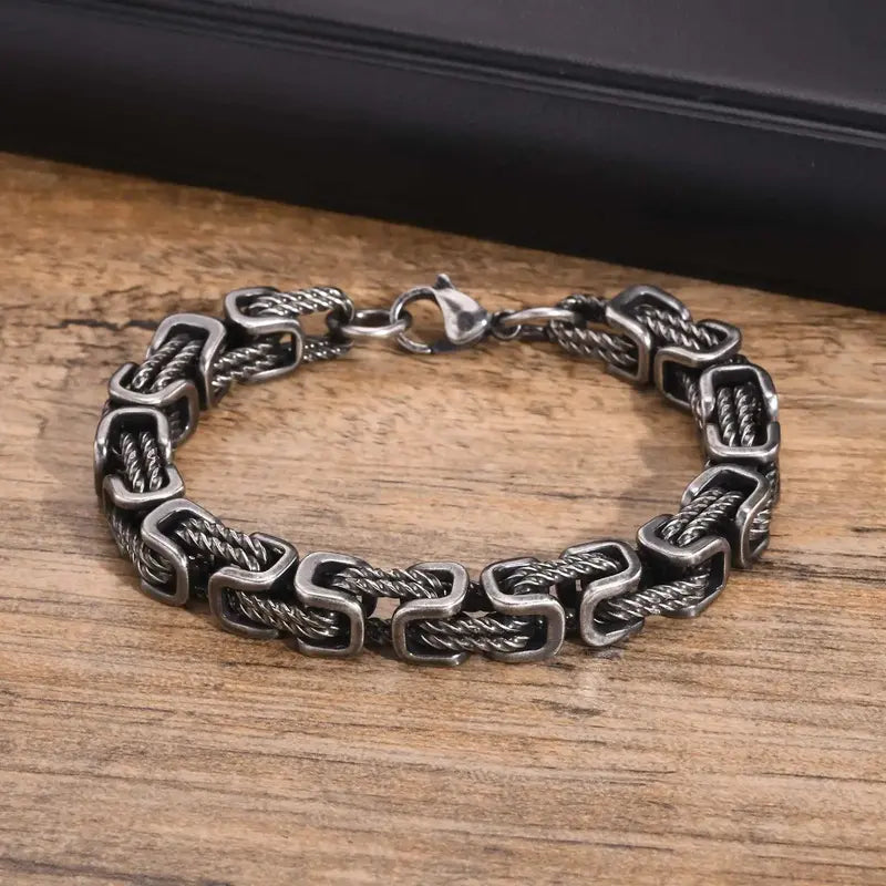 Grey antique stainless steel byzantine link bracelet close-up
