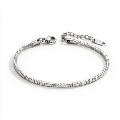 Silver stainless steel square snake chain bracelet product photo on white background