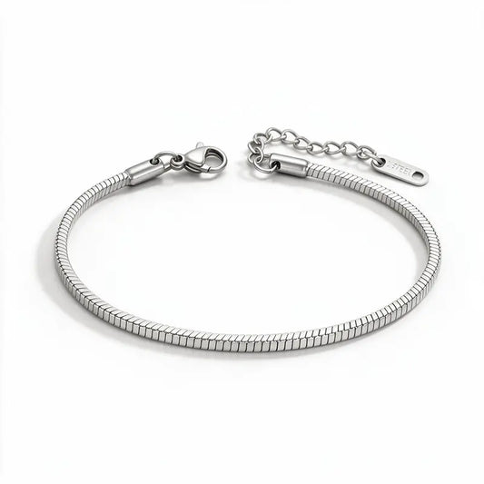Silver stainless steel square snake chain bracelet product photo on white background