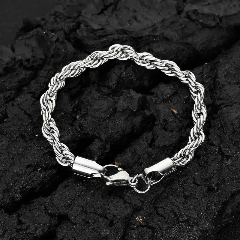 Silver stainless steel twisted rope chain bracelet