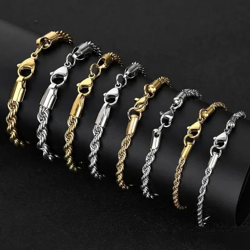 Stainless steel twisted rope chain bracelets in gold and silver, multiple widths