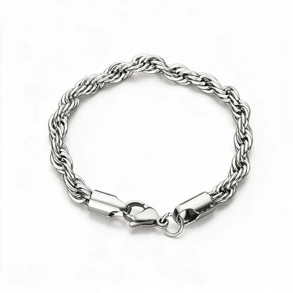 Silver stainless steel twisted rope chain bracelet product photo on white background