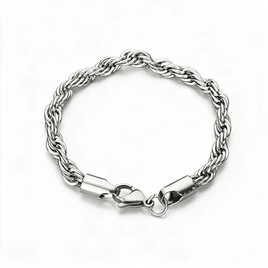 Silver stainless steel twisted rope chain bracelet product photo on white background