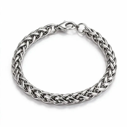 Silver stainless steel wheat chain bracelet product photo on white background
