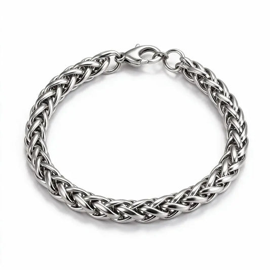 Silver stainless steel wheat chain bracelet product photo on white background